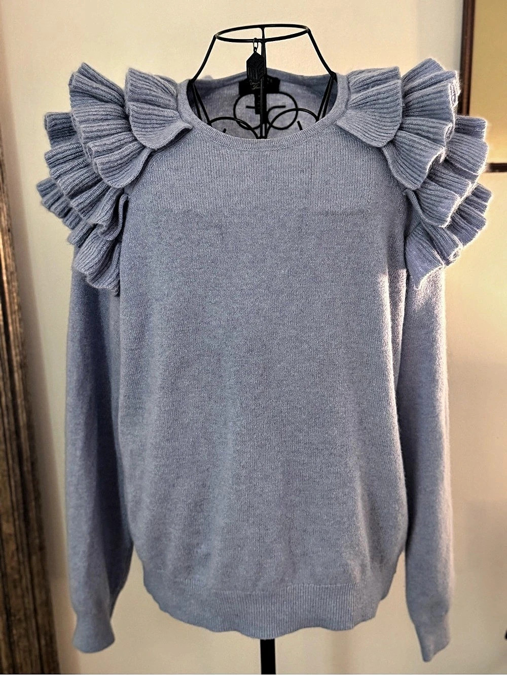 Charter Club 100% Cashmere Ruffle Shoulder Sweater Blue XL